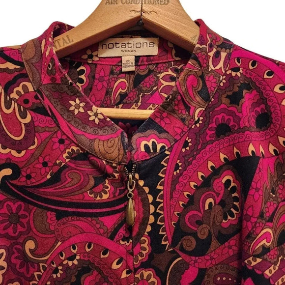 Notations Shirt Jacket Women 2X Red Multi Paisley Long Sleeve Crew Neck Full Zip - Picture 3 of 9